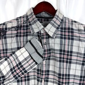 GUESS Mens Plaid Button Down Shirt Embroidered Logo Graphic Print Long Sleeve